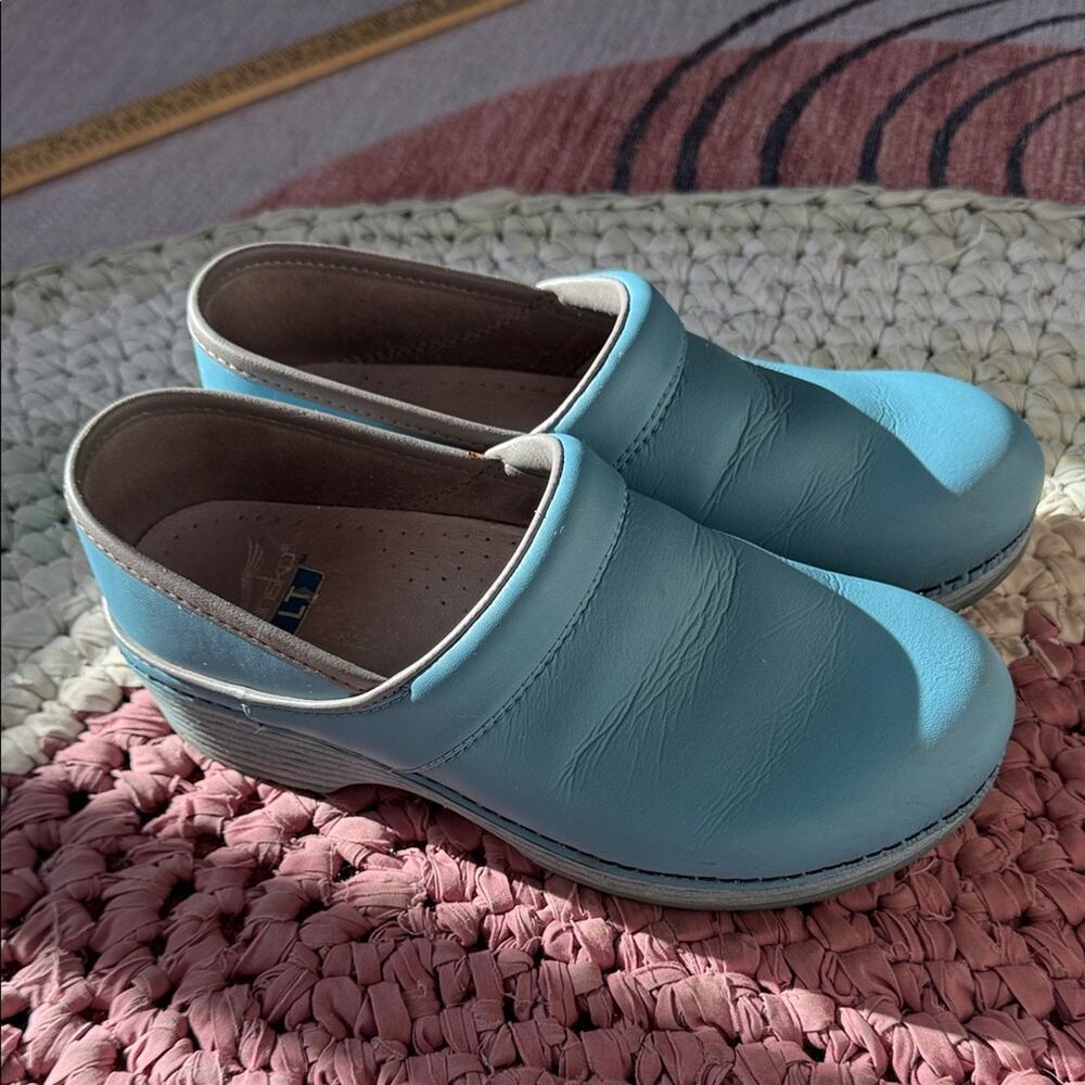 Dasnko Sky Blue Leather work luxury Mules size 37